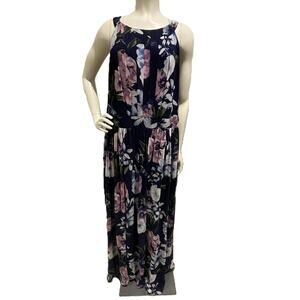 Jessica Howard Navy Floral Maxi Dress Pleated‎ Sleeveless Side Zip Size 18W